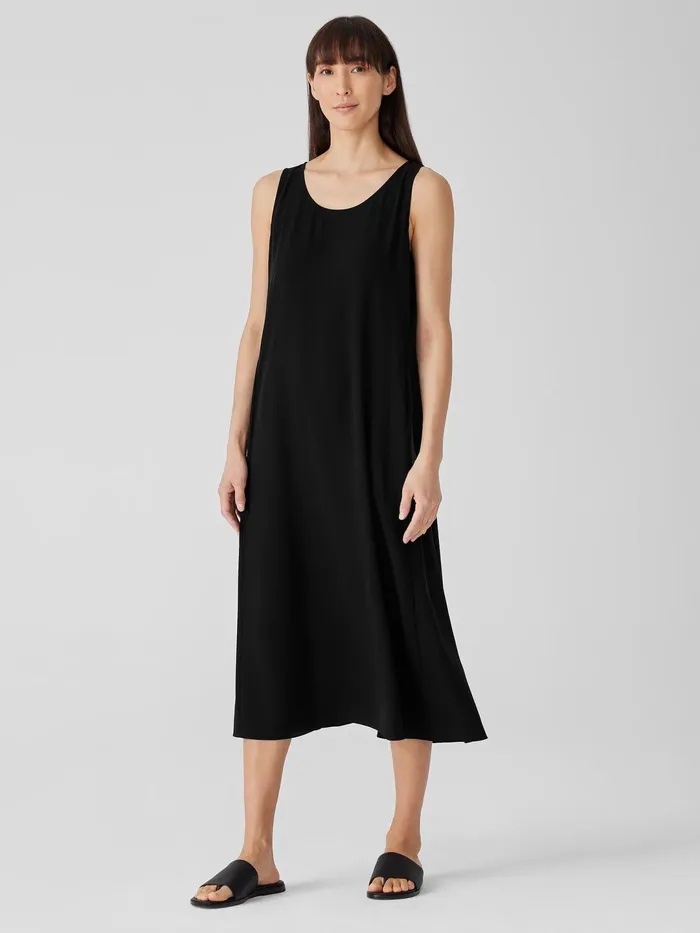 Women Dresses and Skirts Eileen Fisher Silk Georgette Crepe Scoop Neck Dress Black