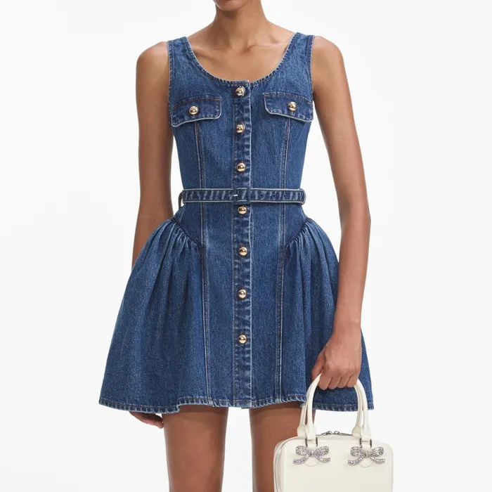 Women Flared Denim Mini Dress Self Portrait Denim