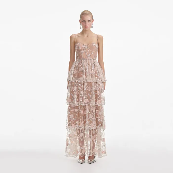 Women Flower Sequin Tier Maxi Dress Self Portrait Dresses