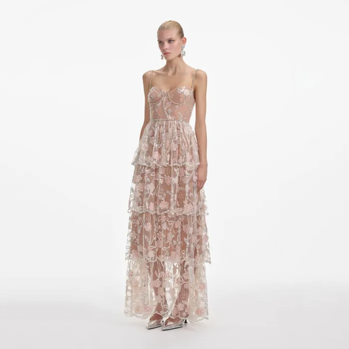 Women Flower Sequin Tier Maxi Dress Self Portrait Dresses