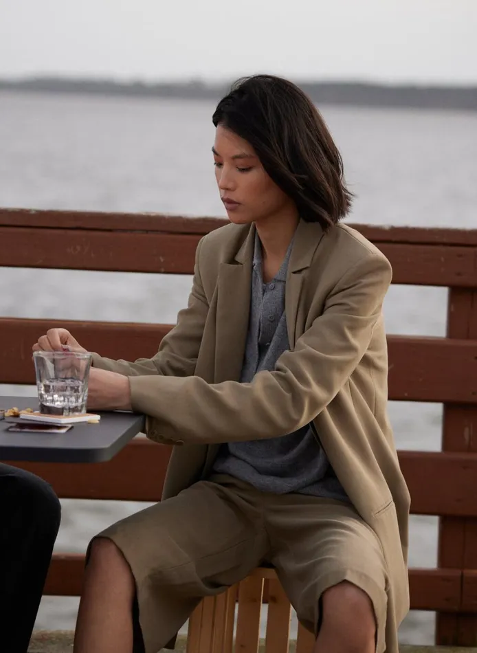 Women Fluid Suiting Double Breasted Blazer Walnut Tibi Jackets and Outerwear
