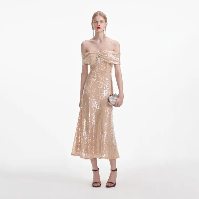 Women Gold Sequin Off Shoulder Midi Dress Self Portrait Dresses