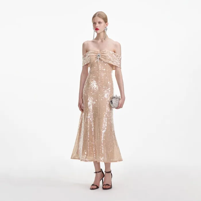 Women Gold Sequin Off Shoulder Midi Dress Self Portrait Dresses