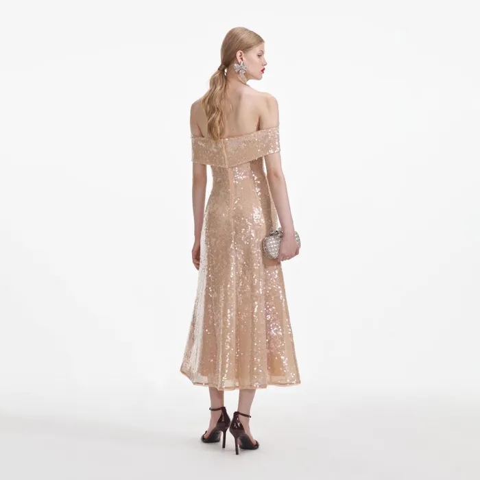 Women Gold Sequin Off Shoulder Midi Dress Self Portrait Dresses