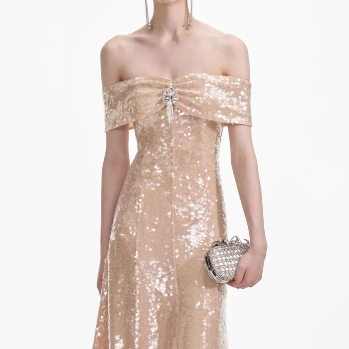 Women Gold Sequin Off Shoulder Midi Dress Self Portrait Dresses