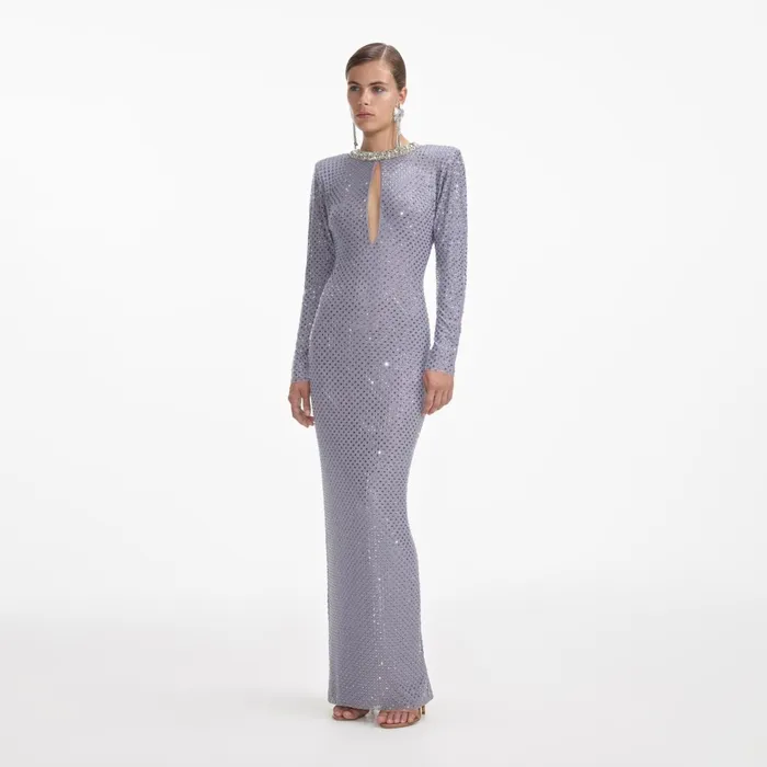 Women Grey Rhinestone Fishnet Maxi Dress Self Portrait Dresses