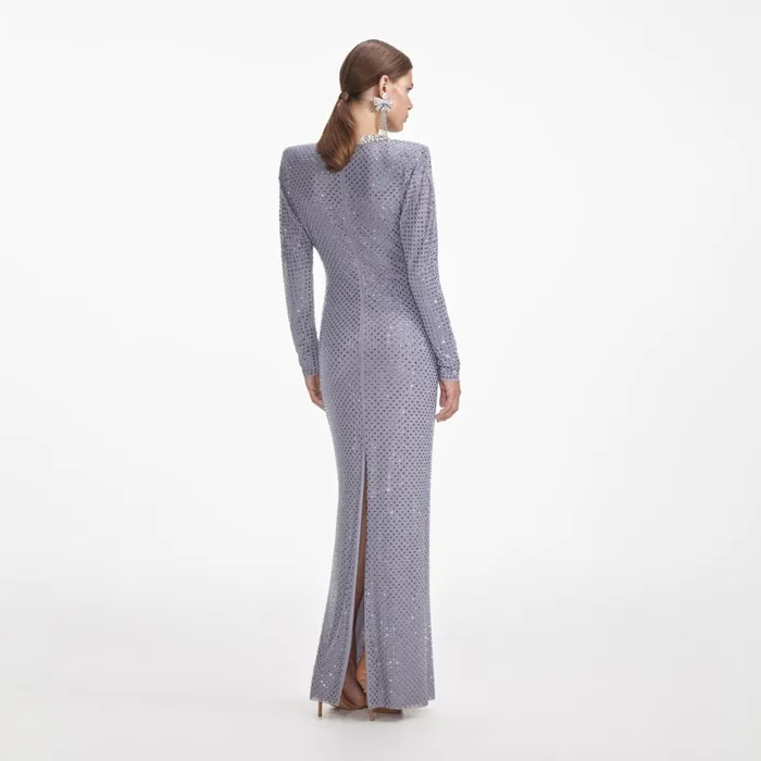 Women Grey Rhinestone Fishnet Maxi Dress Self Portrait Dresses
