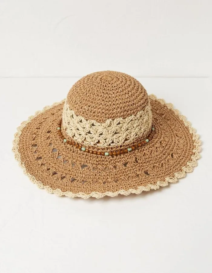 Women Hats FatFace Crochet Straw Sun Hat Natural