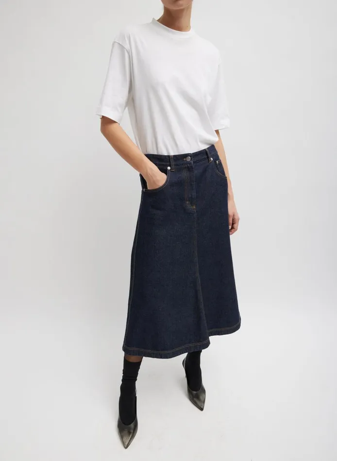 Women Indigo Denim Midi ALine Skirt Dark Denim Tibi Denim
