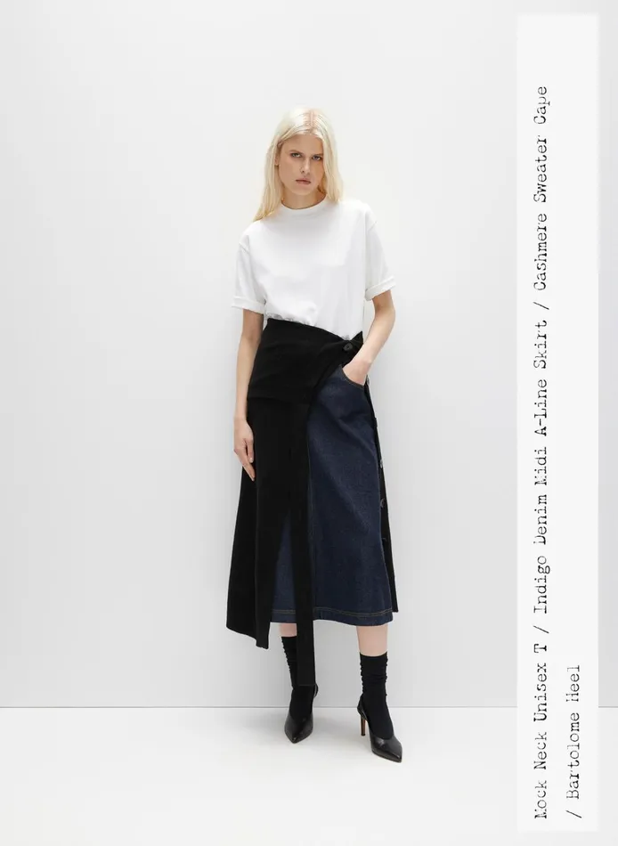 Women Indigo Denim Midi ALine Skirt Dark Denim Tibi Denim