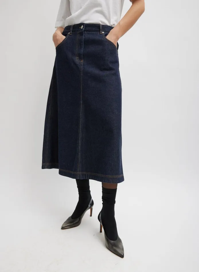 Women Indigo Denim Midi ALine Skirt Dark Denim Tibi Denim