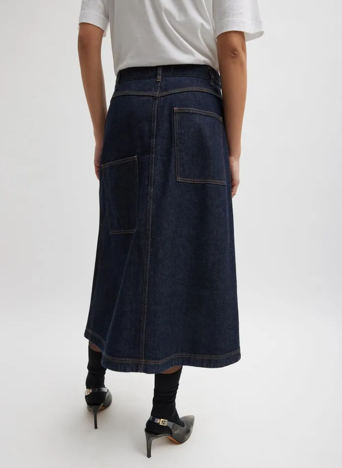 Women Indigo Denim Midi ALine Skirt Dark Denim Tibi Denim