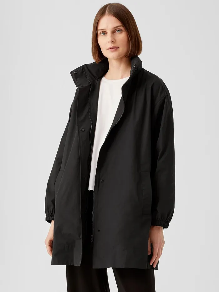 Women Jackets Coats and Vests Eileen Fisher Light Cotton Nylon Stand Collar Long Coat Black