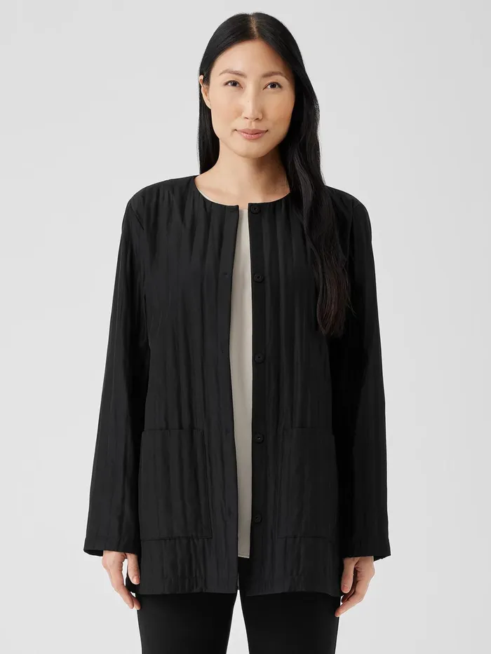 Women Jackets Coats and Vests Eileen Fisher Silk Habutai Quilted Round Neck Jacket Black