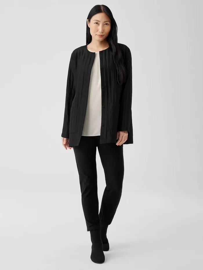 Women Jackets Coats and Vests Eileen Fisher Silk Habutai Quilted Round Neck Jacket Black