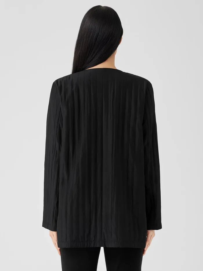 Women Jackets Coats and Vests Eileen Fisher Silk Habutai Quilted Round Neck Jacket Black