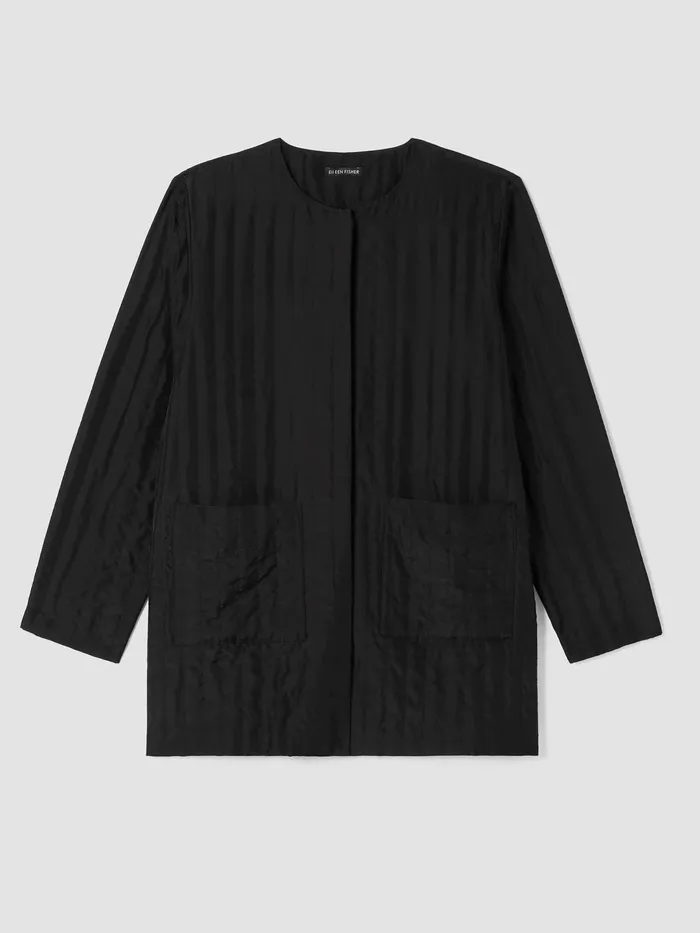 Women Jackets Coats and Vests Eileen Fisher Silk Habutai Quilted Round Neck Jacket Black