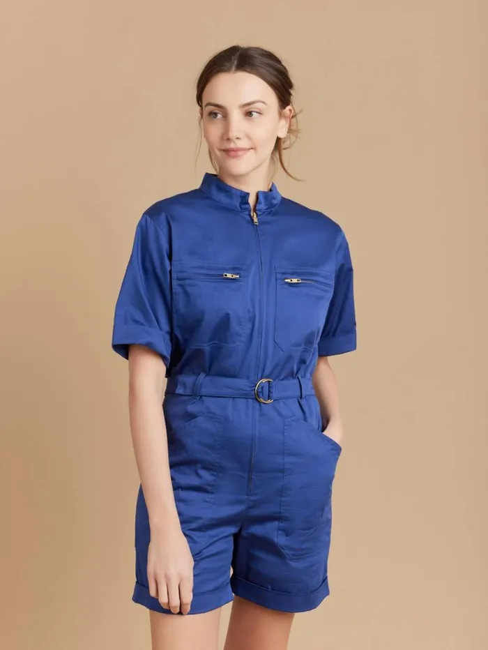 Women Jumpsuits Agns B Blue Cotton Satin Short Jumpsuit