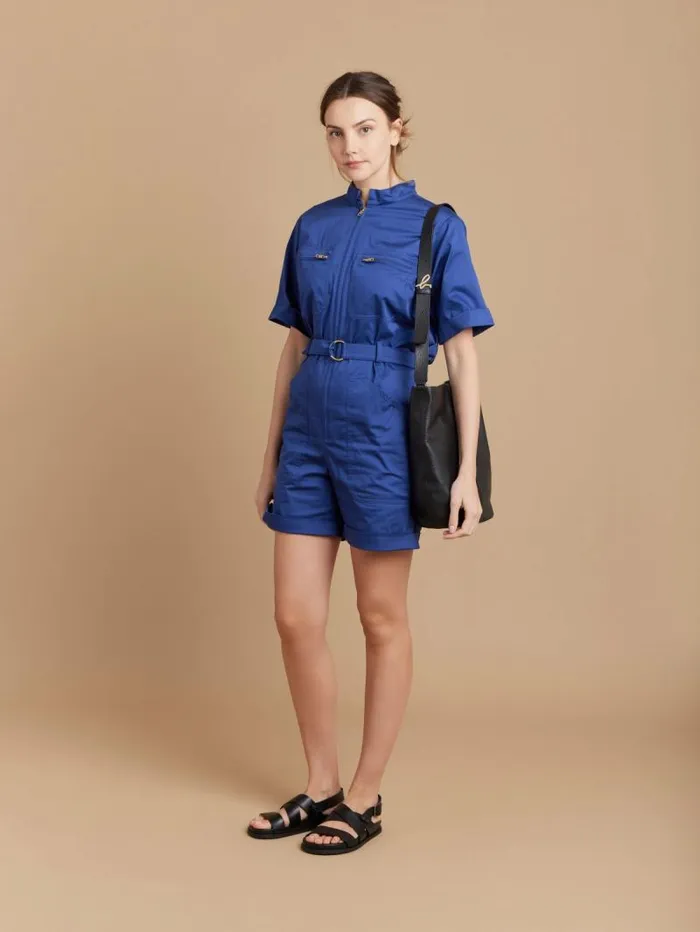 Women Jumpsuits Agns B Blue Cotton Satin Short Jumpsuit