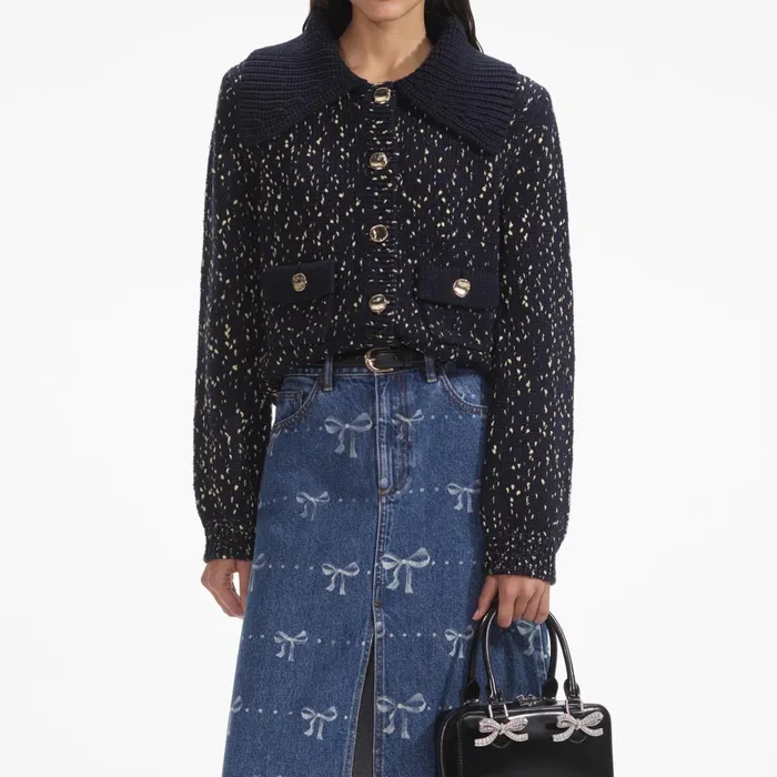 Women Navy Metallic Merino Cardigan Self Portrait Tops