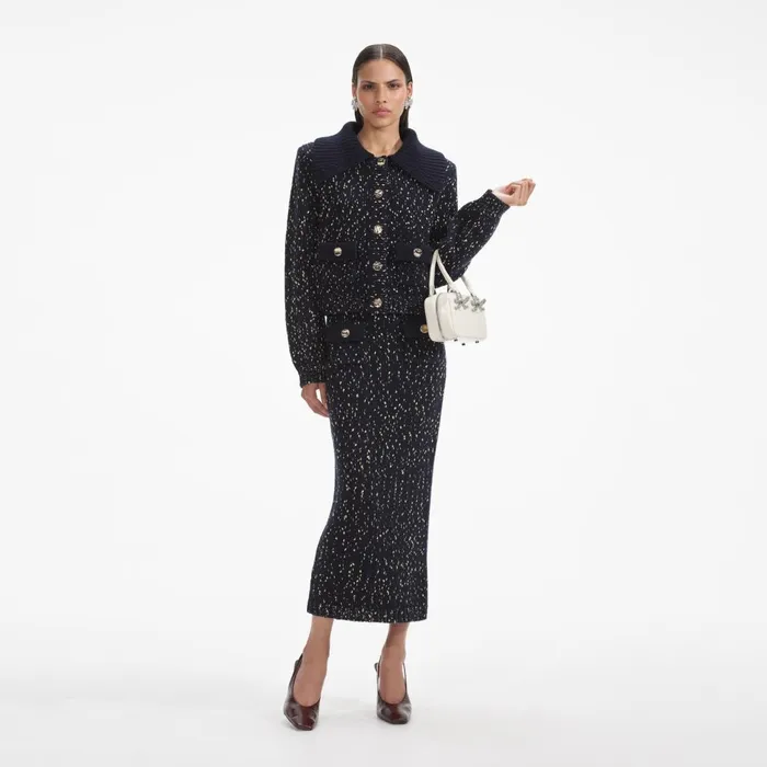 Women Navy Metallic Merino Knit Midi Skirt Self Portrait Bottoms