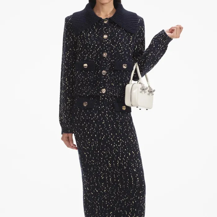 Women Navy Metallic Merino Knit Midi Skirt Self Portrait Bottoms