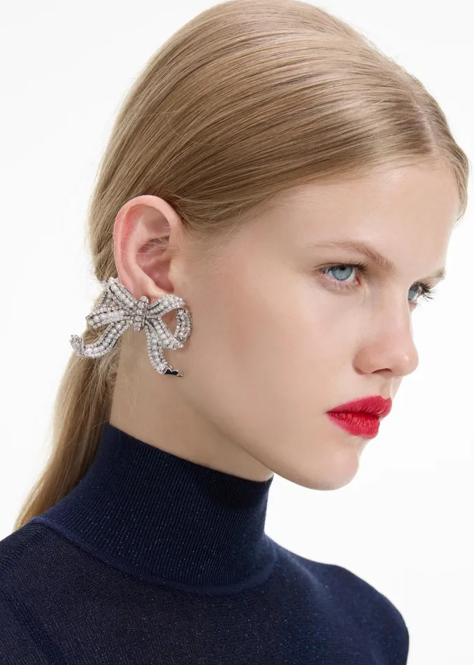 Women Pearl Crystal Bow Earrings Self Portrait Jewellery