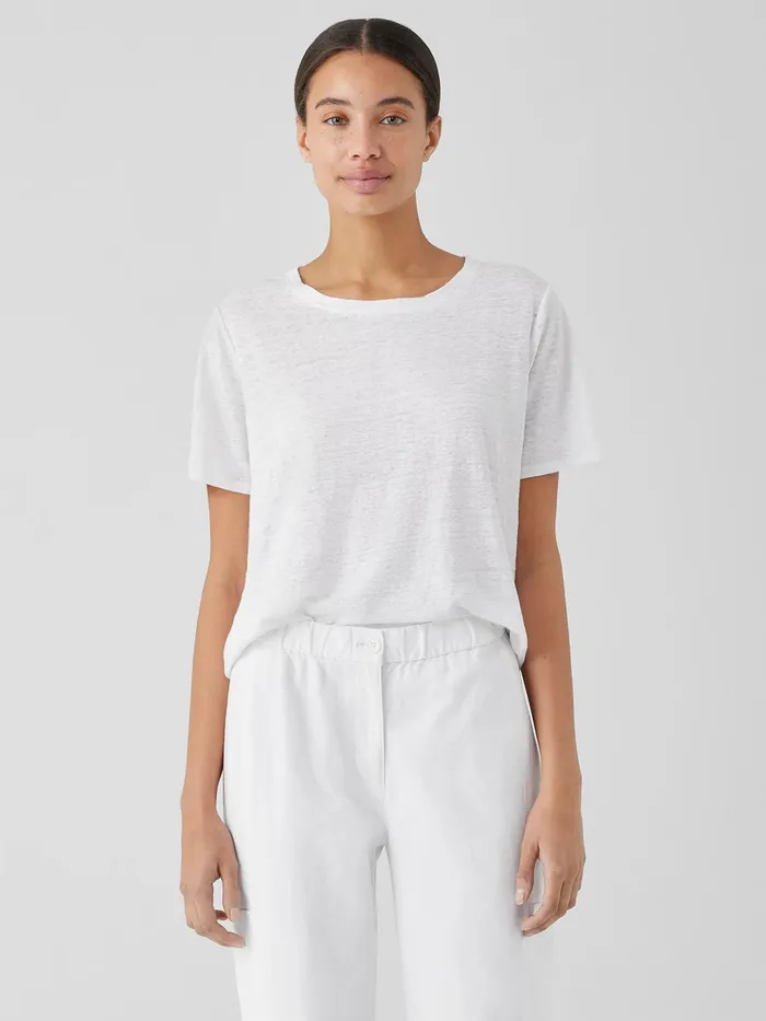 Women Petite Eileen Fisher Organic Linen Jersey Crew Neck Tee White