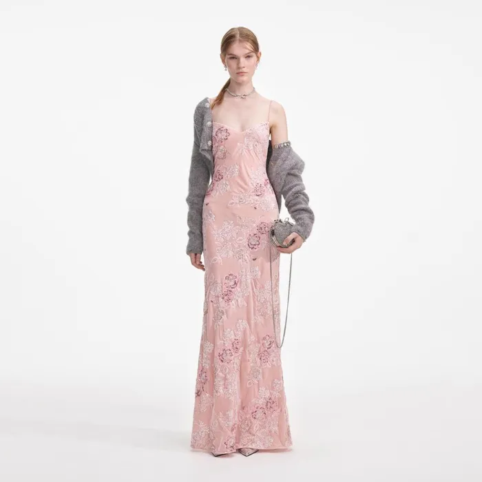 Women Pink Embellished Velvet Maxi Dress Self Portrait Dresses
