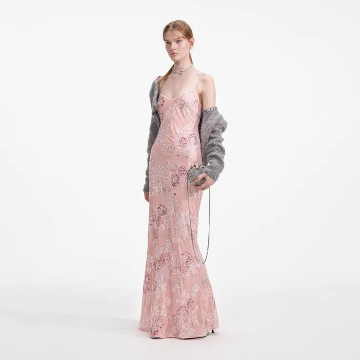 Women Pink Embellished Velvet Maxi Dress Self Portrait Dresses