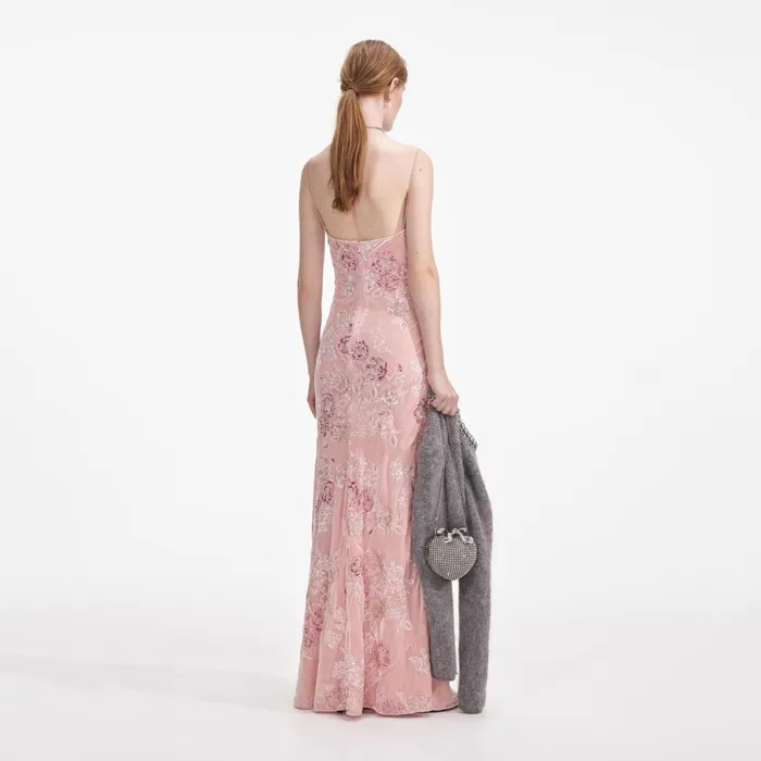 Women Pink Embellished Velvet Maxi Dress Self Portrait Dresses