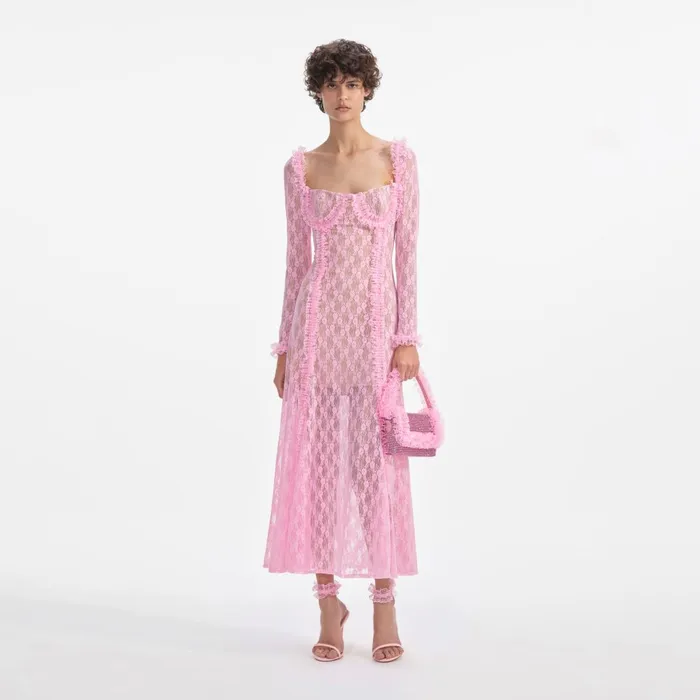 Women Pink Lace Ruffle Midi Dress Self Portrait Dresses