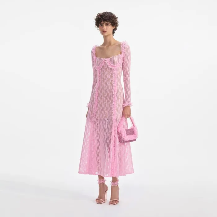 Women Pink Lace Ruffle Midi Dress Self Portrait Dresses