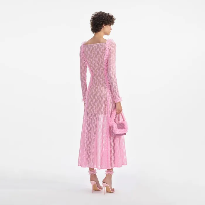 Women Pink Lace Ruffle Midi Dress Self Portrait Dresses