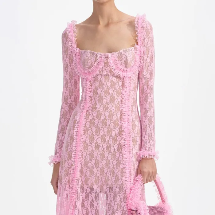 Women Pink Lace Ruffle Midi Dress Self Portrait Dresses