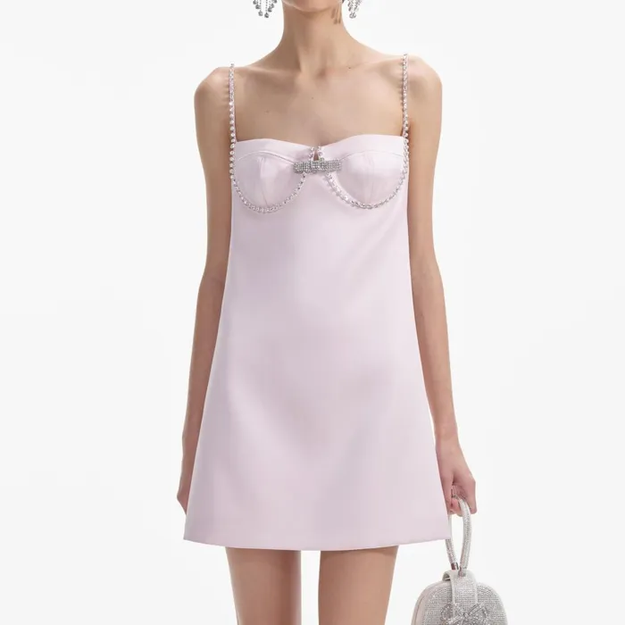 Women Pink Satin Diamante Mini Dress Pink Self Portrait Dresses