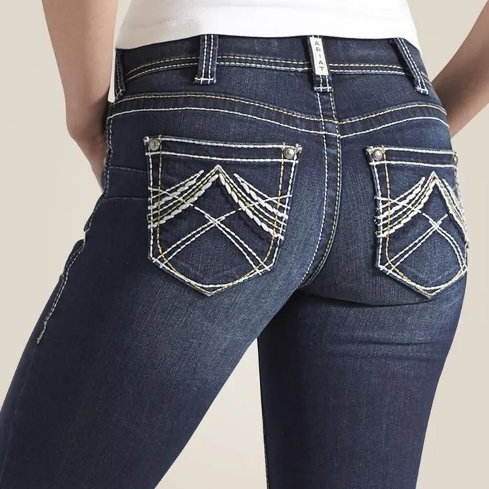 Women REAL Mid Rise Stretch Whipstitch Boot Cut Jean Ocean Ariat Denim