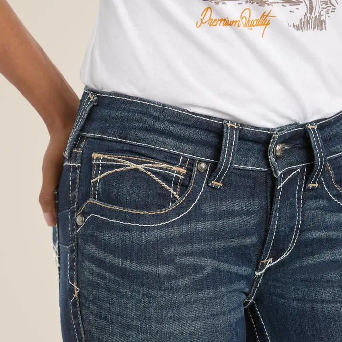 Women REAL Mid Rise Stretch Whipstitch Boot Cut Jean Ocean Ariat Denim