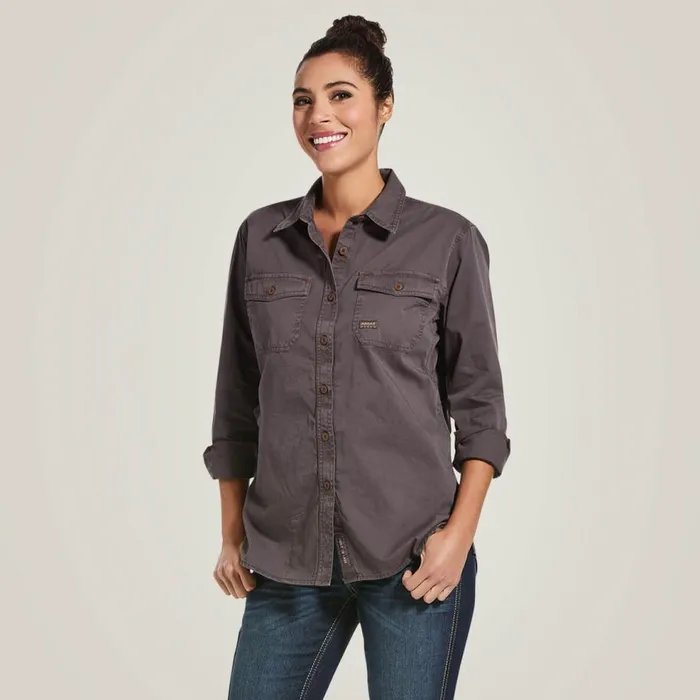 Women Rebar Washed Twill Work Shirt Rebar Grey Ariat TShirts and Tops