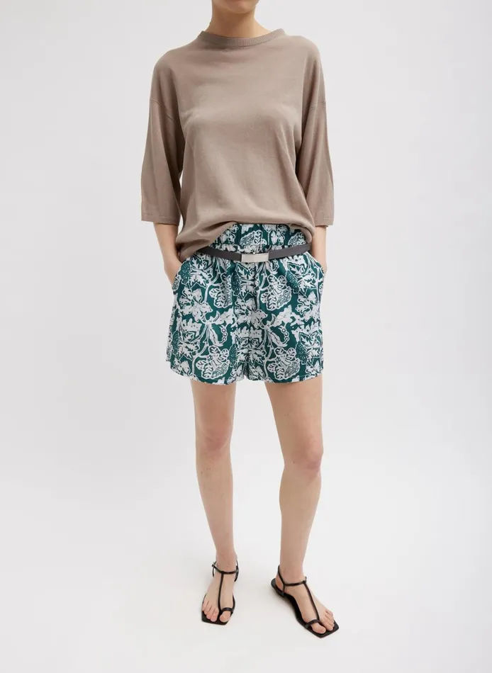 Women Recycled Nylon Batik Pull On Shorts Hunter Green Multi Tibi Pants and Shorts