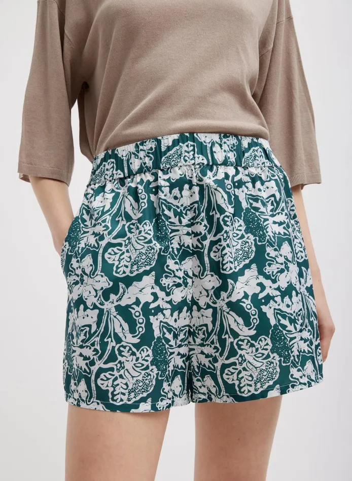 Women Recycled Nylon Batik Pull On Shorts Hunter Green Multi Tibi Pants and Shorts