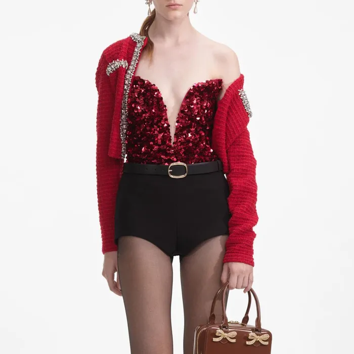 Women Red 3D Sequin Top Self Portrait Tops