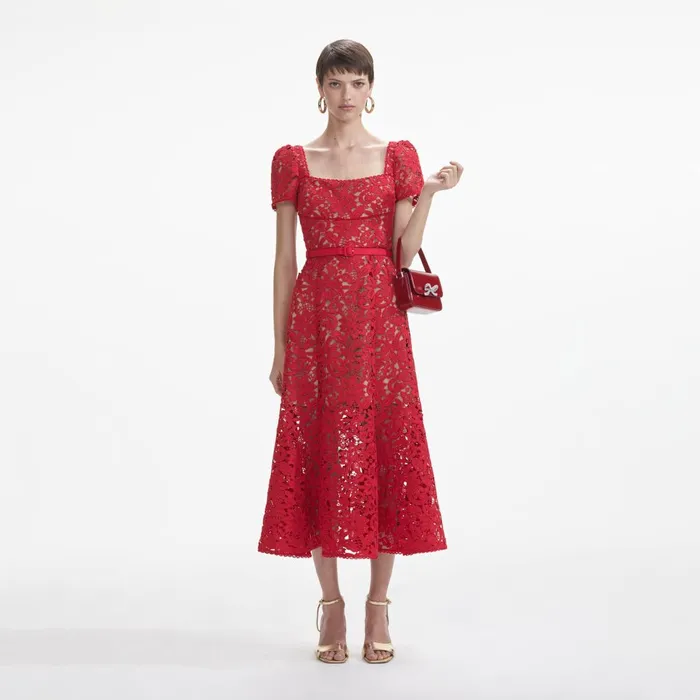Women Red Floral Lace Midi Dress Self Portrait Dresses