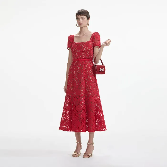 Women Red Floral Lace Midi Dress Self Portrait Dresses