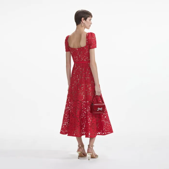 Women Red Floral Lace Midi Dress Self Portrait Dresses