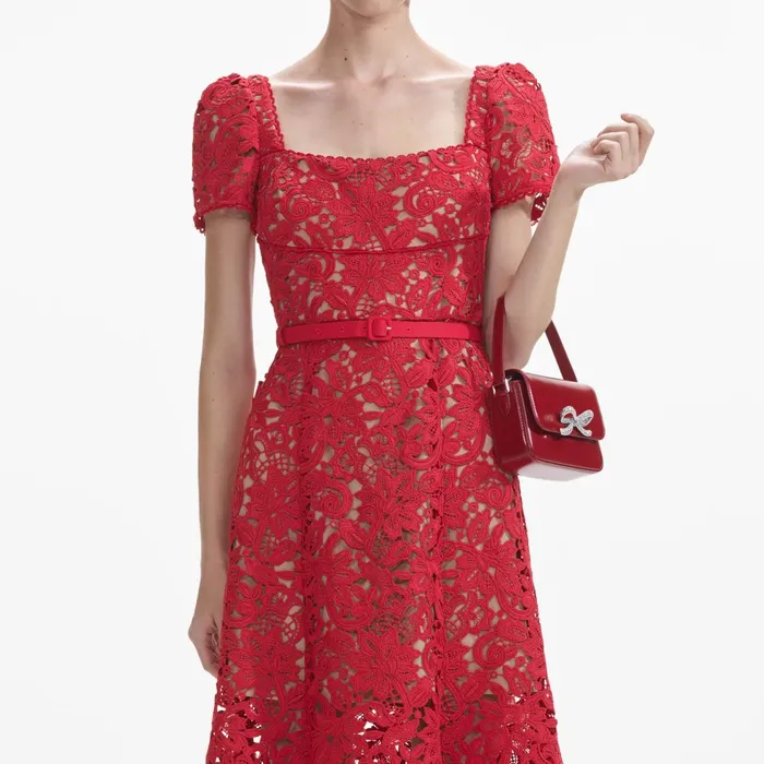 Women Red Floral Lace Midi Dress Self Portrait Dresses