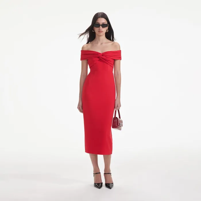 Women Red Off Shoulder Midi Dress Self Portrait Dresses