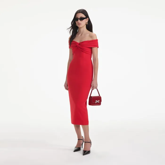 Women Red Off Shoulder Midi Dress Self Portrait Dresses