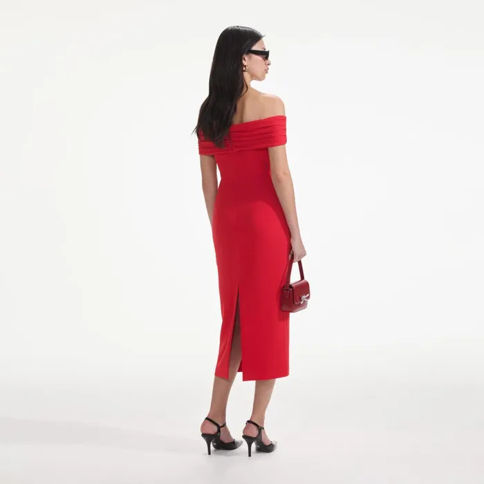 Women Red Off Shoulder Midi Dress Self Portrait Dresses