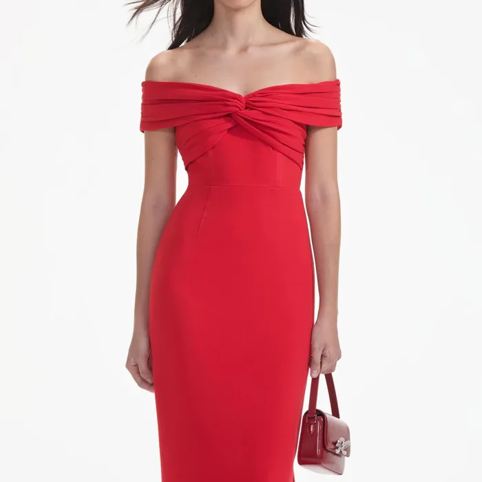 Women Red Off Shoulder Midi Dress Self Portrait Dresses